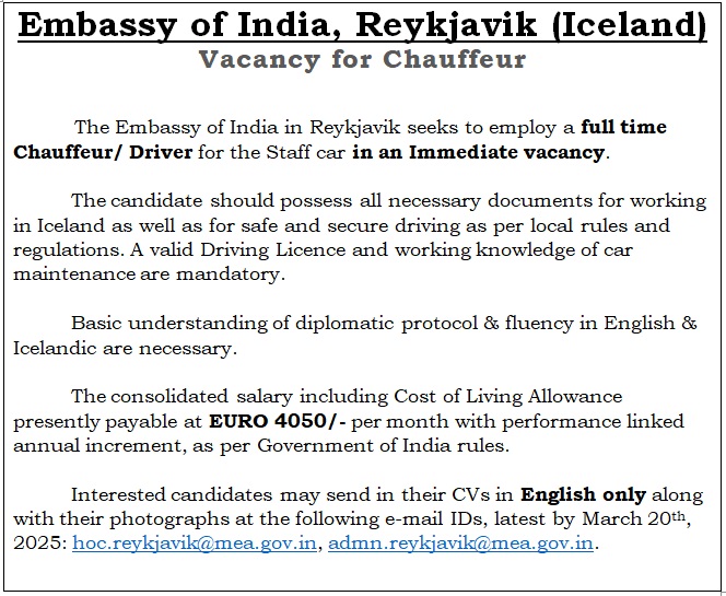 Vacancy Notice - Position of Marketing Assistant in Embassy of India, Reykjavik